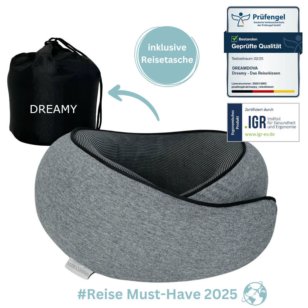 Dreamy „Das Reisekissen“ – Ergonomisch. Luxuriös. Für erholsamen Schlaf unterwegs.
